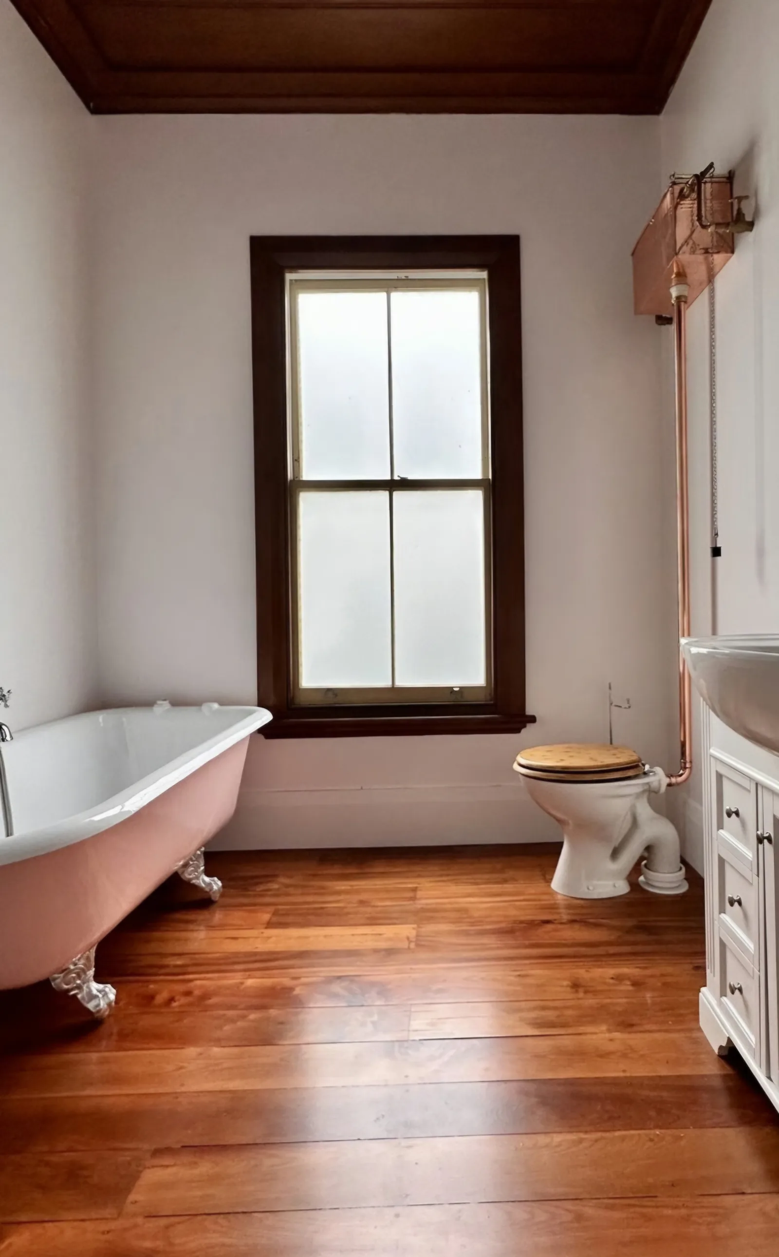A clawfoot bath on a polished timber floor beside a timber framed sash window