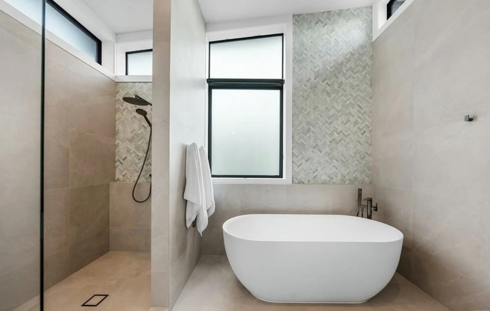 A freestanding bath beside a walk in shower with a herringbone tiled wall